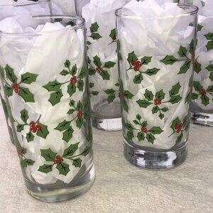 Vtg Glasses Libby Crisa Holiday Christmas Holly Berries 6" Tumblers Set 7 Lot